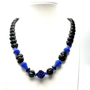 Vintage 1930s Czech Molded Black, Sapphire & Cobalt Glass Necklace—Art Deco—EUC